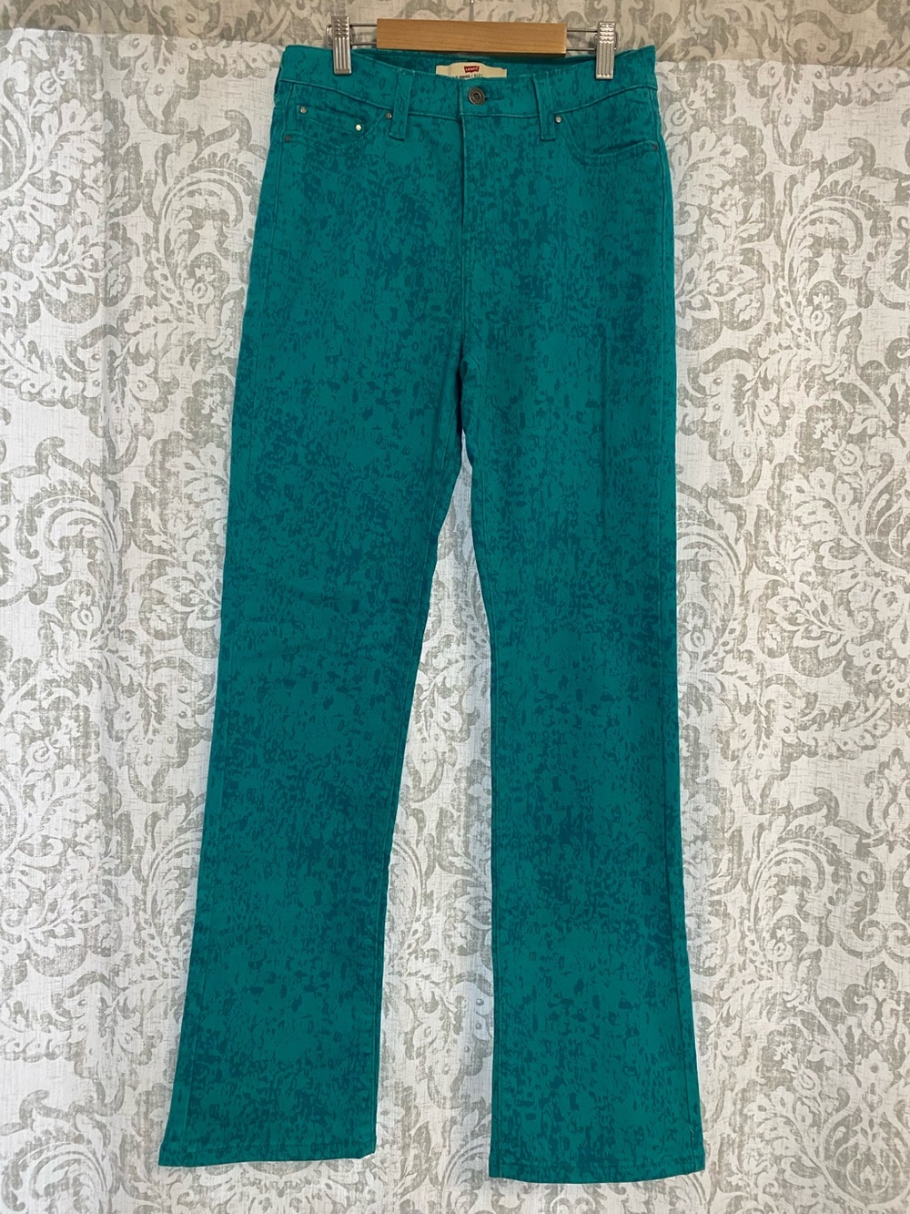 Levis Perfectly Slimming 512 Straight Leg Splatter Print Jeans Teal Green 6